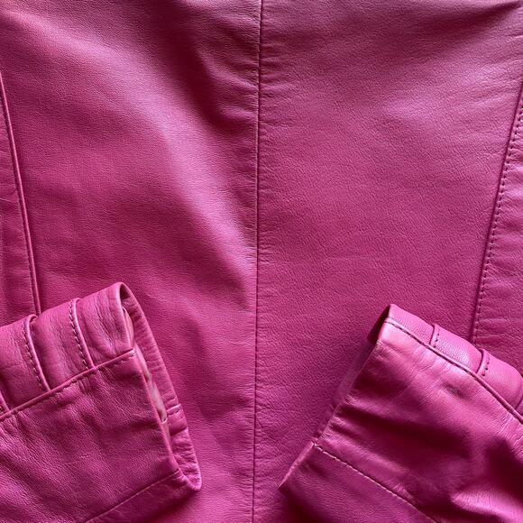 Vintage 80s Yucatan Bay Pink 2 Piece Leather Mini Skirt Jacket Matching Suit Set - Picture 13 of 14